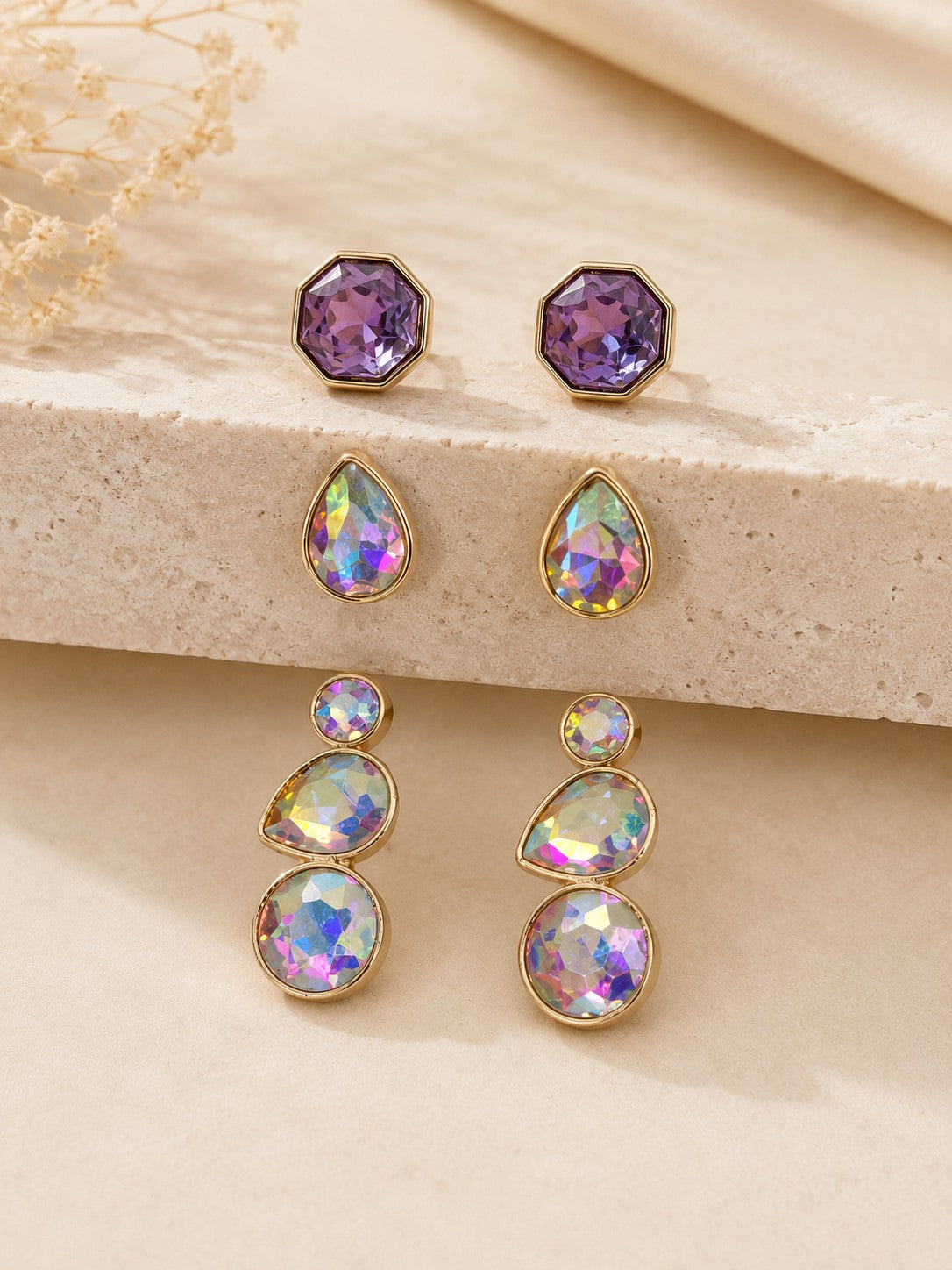 Iridescent Crystal Three-Piece Earring Set-Earrings-Deja Nu-Deja Nu Boutique, Women's Fashion Boutique in Lampasas, Texas