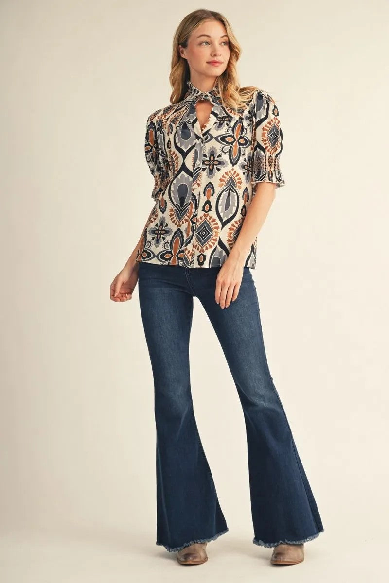 Jodifl Black Grey Boho Print Puff Sleeve Blouse-blouse-Jodifl-Deja Nu Boutique, Women's Fashion Boutique in Lampasas, Texas