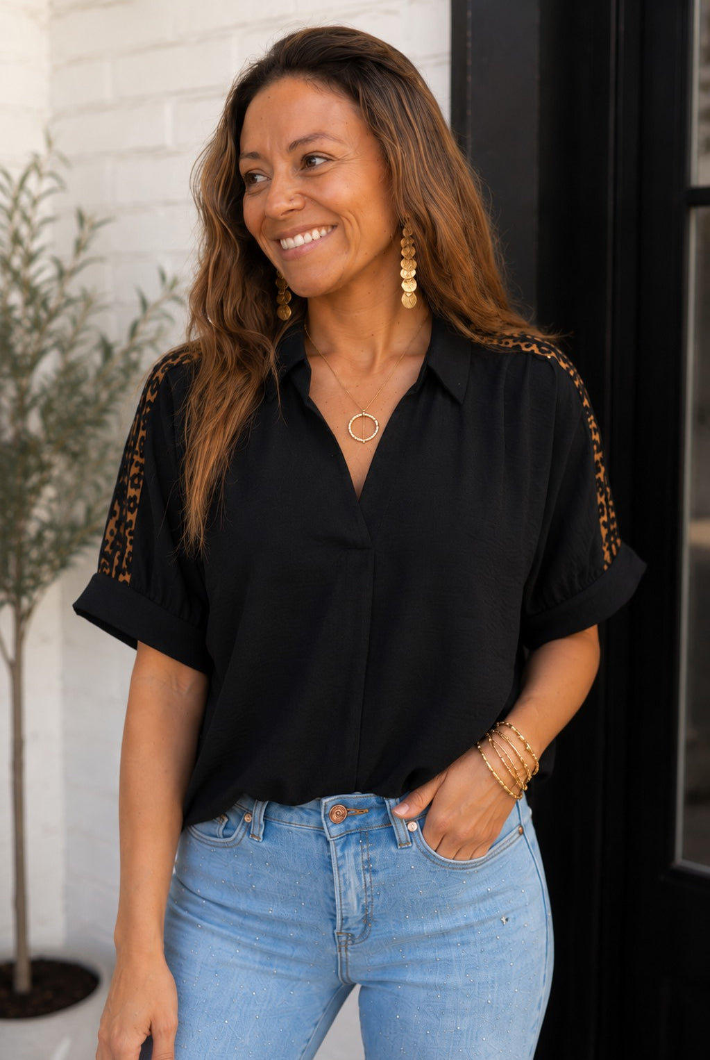 Jodifl Black Leopard Shoulder Detail Blouse-shirts-Jodifl-Deja Nu Boutique, Women's Fashion Boutique in Lampasas, Texas