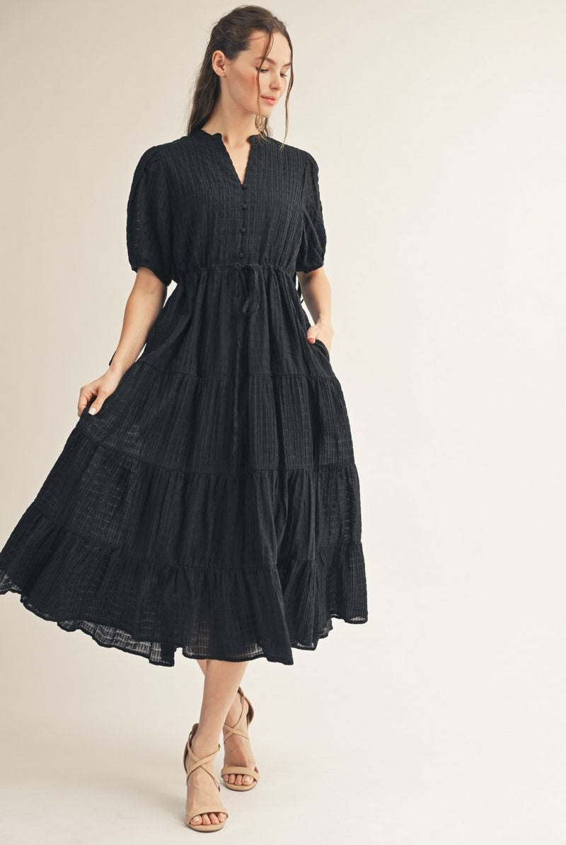 Jodifl Textured Tiered Midi Dress – Black-Midi Dresses-Jodifl-Deja Nu Boutique, Women's Fashion Boutique in Lampasas, Texas
