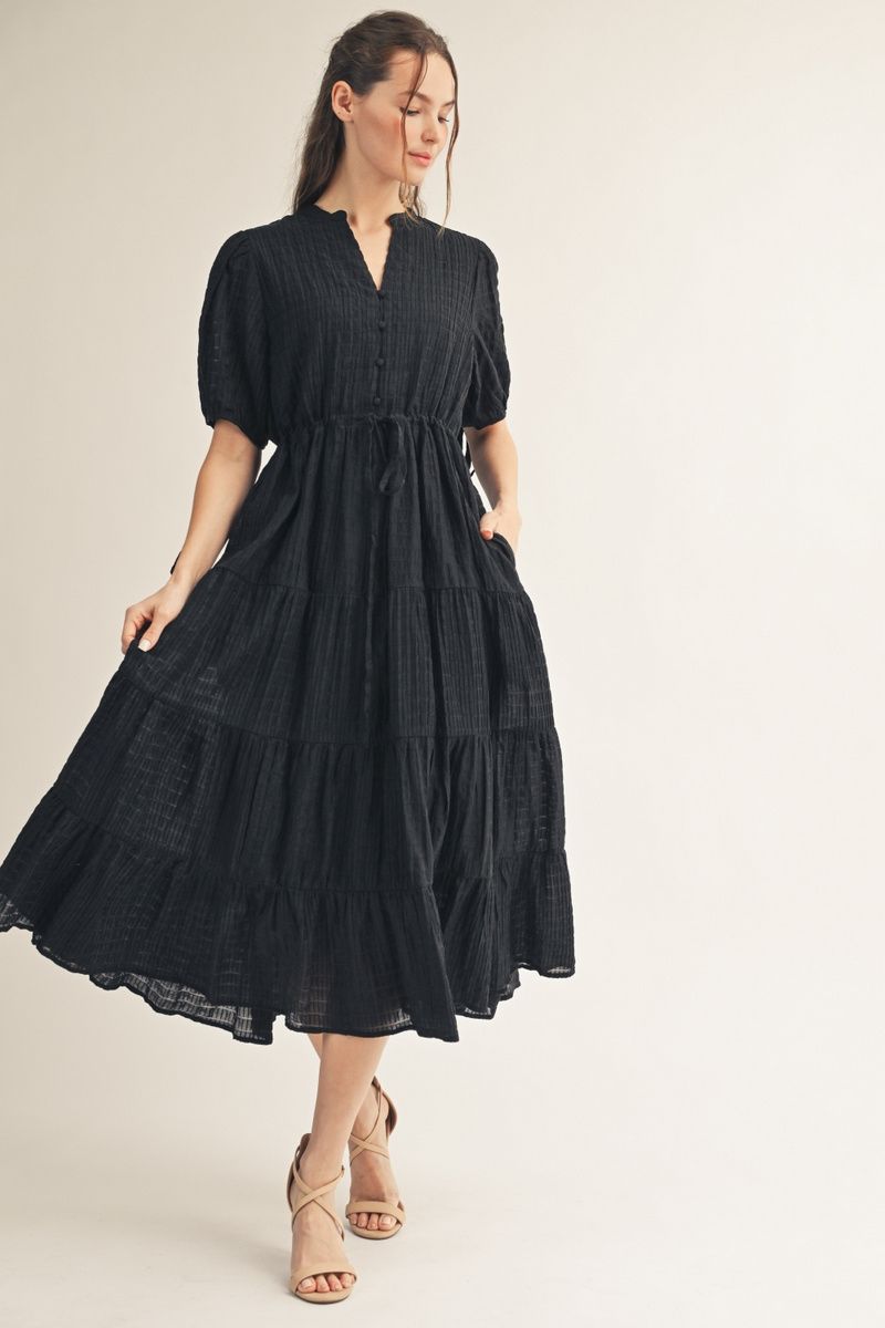 Jodifl Textured Tiered Midi Dress – Black-Midi Dresses-Jodifl-Deja Nu Boutique, Women's Fashion Boutique in Lampasas, Texas