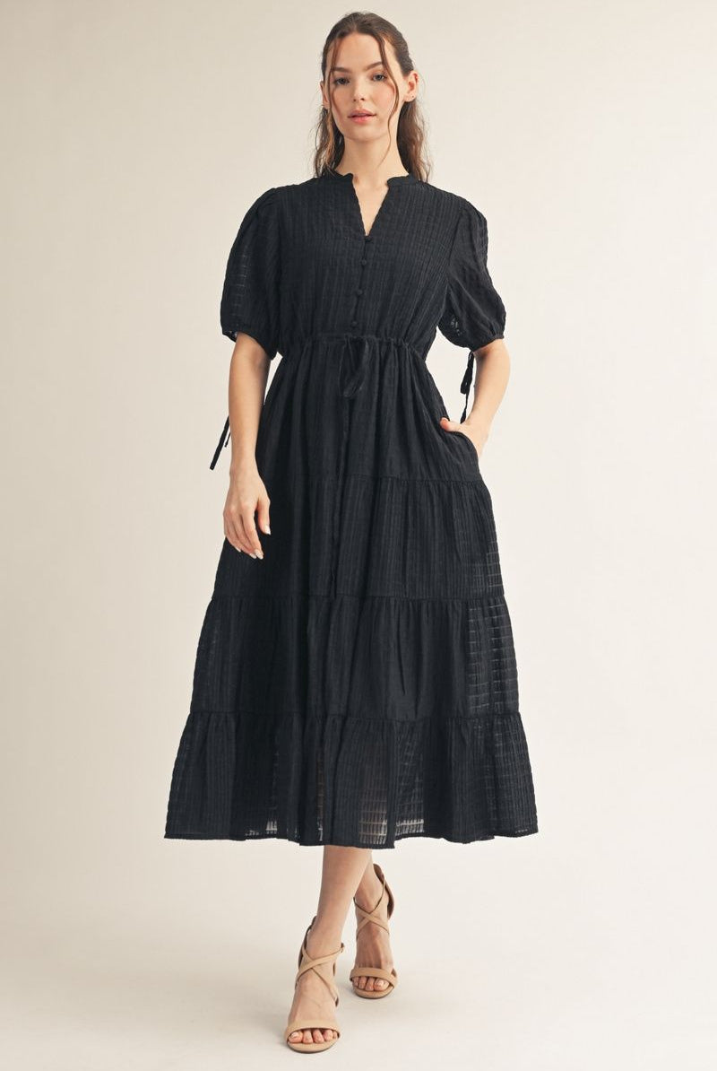 Jodifl Textured Tiered Midi Dress – Black-Midi Dresses-Jodifl-Deja Nu Boutique, Women's Fashion Boutique in Lampasas, Texas