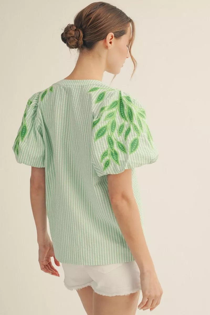 Jodifl Kelly Green Embroidered Stripe Blouse-Tops-Jodifl-Deja Nu Boutique, Women's Fashion Boutique in Lampasas, Texas