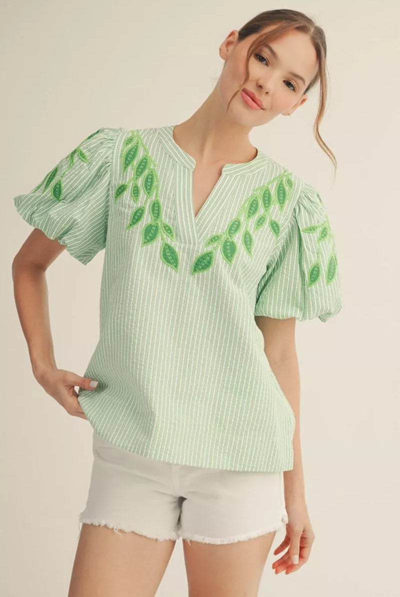 Jodifl Kelly Green Embroidered Stripe Blouse-Tops-Jodifl-Deja Nu Boutique, Women's Fashion Boutique in Lampasas, Texas