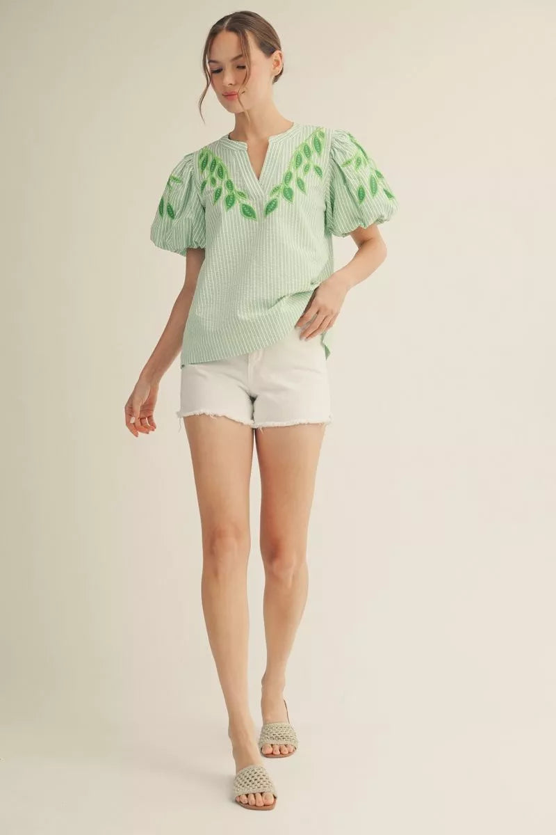 Jodifl Kelly Green Embroidered Stripe Blouse-Tops-Jodifl-Deja Nu Boutique, Women's Fashion Boutique in Lampasas, Texas