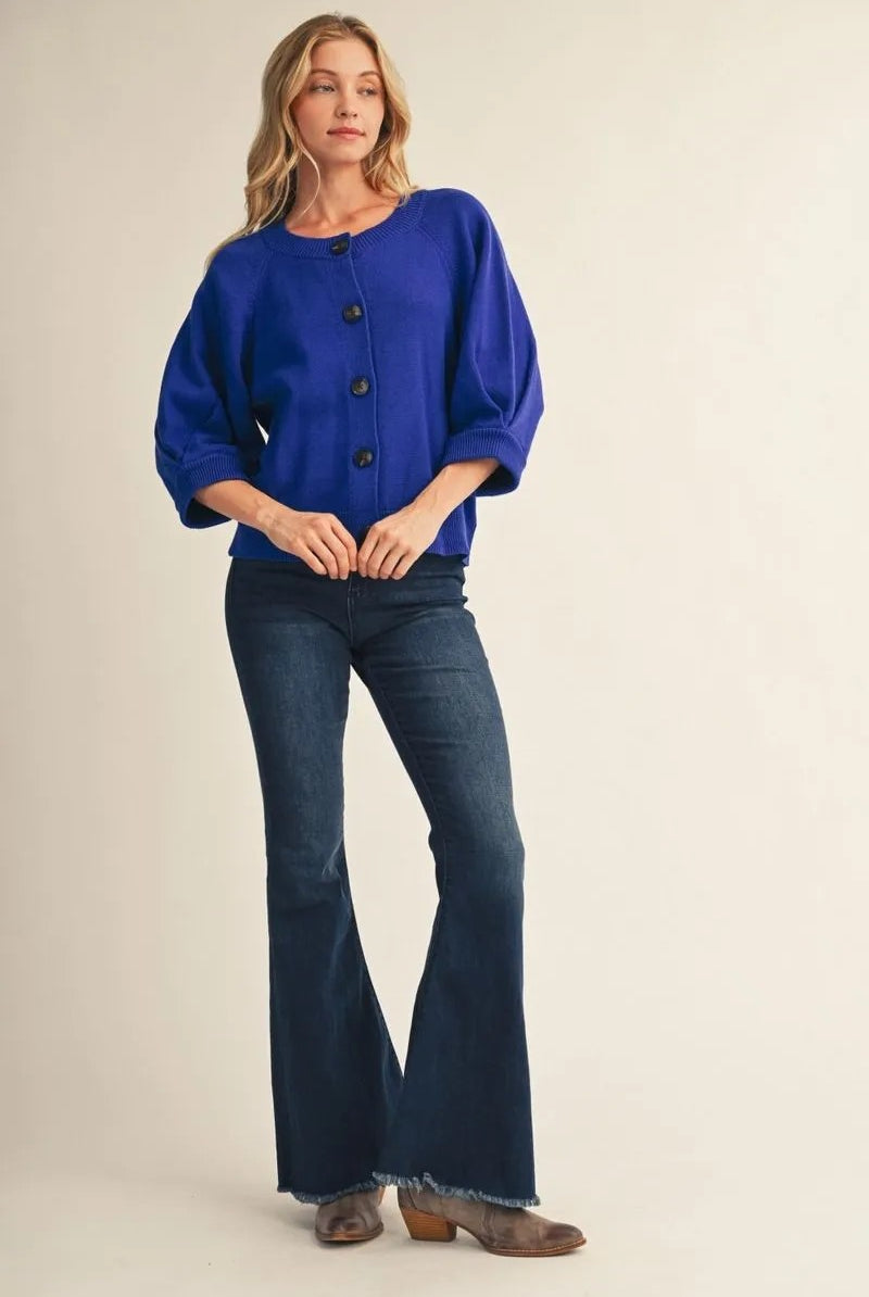 Jodifl Pleat Detail 3/4 Sleeve Button Down Sweater Cardigan in Luminous Blue-Cardigans & Kimonos-Jodifl-Deja Nu Boutique, Women's Fashion Boutique in Lampasas, Texas