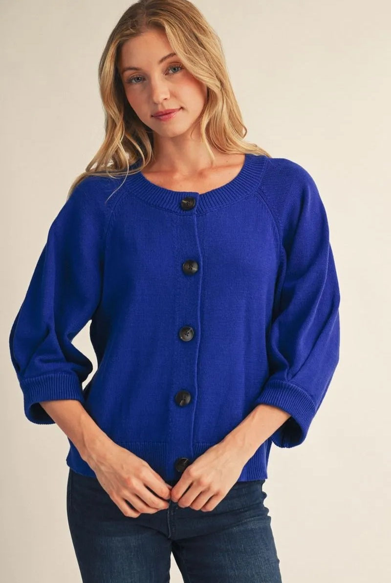 Jodifl Pleat Detail 3/4 Sleeve Button Down Sweater Cardigan in Luminous Blue-Cardigans & Kimonos-Jodifl-Deja Nu Boutique, Women's Fashion Boutique in Lampasas, Texas