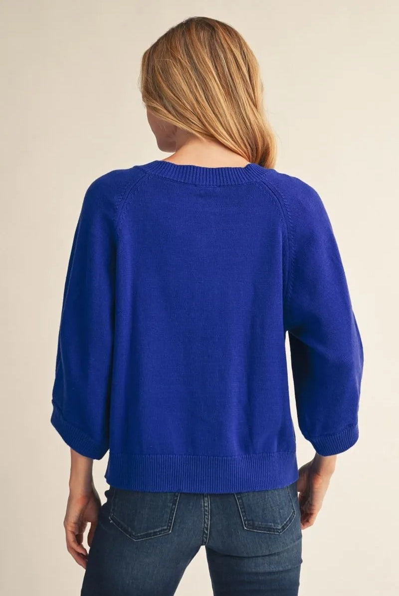 Jodifl Pleat Detail 3/4 Sleeve Button Down Sweater Cardigan in Luminous Blue-Cardigans & Kimonos-Jodifl-Deja Nu Boutique, Women's Fashion Boutique in Lampasas, Texas