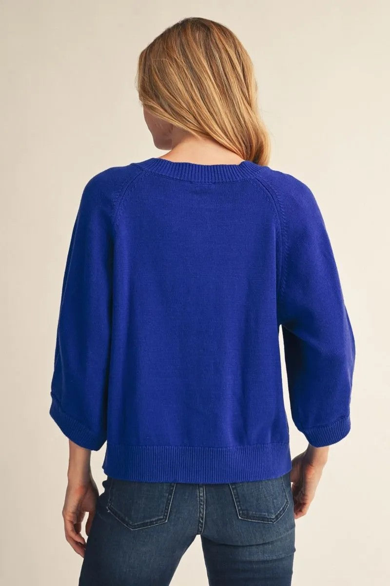 Jodifl Pleat Detail 3/4 Sleeve Button Down Sweater Cardigan in Luminous Blue-Cardigans & Kimonos-Jodifl-Deja Nu Boutique, Women's Fashion Boutique in Lampasas, Texas