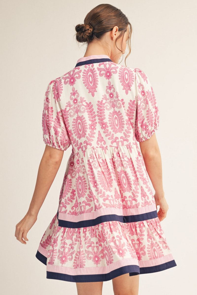 Jodifl Magenta Mix Baroque Print Tiered Dress-mini dress-Jodifl-Deja Nu Boutique, Women's Fashion Boutique in Lampasas, Texas
