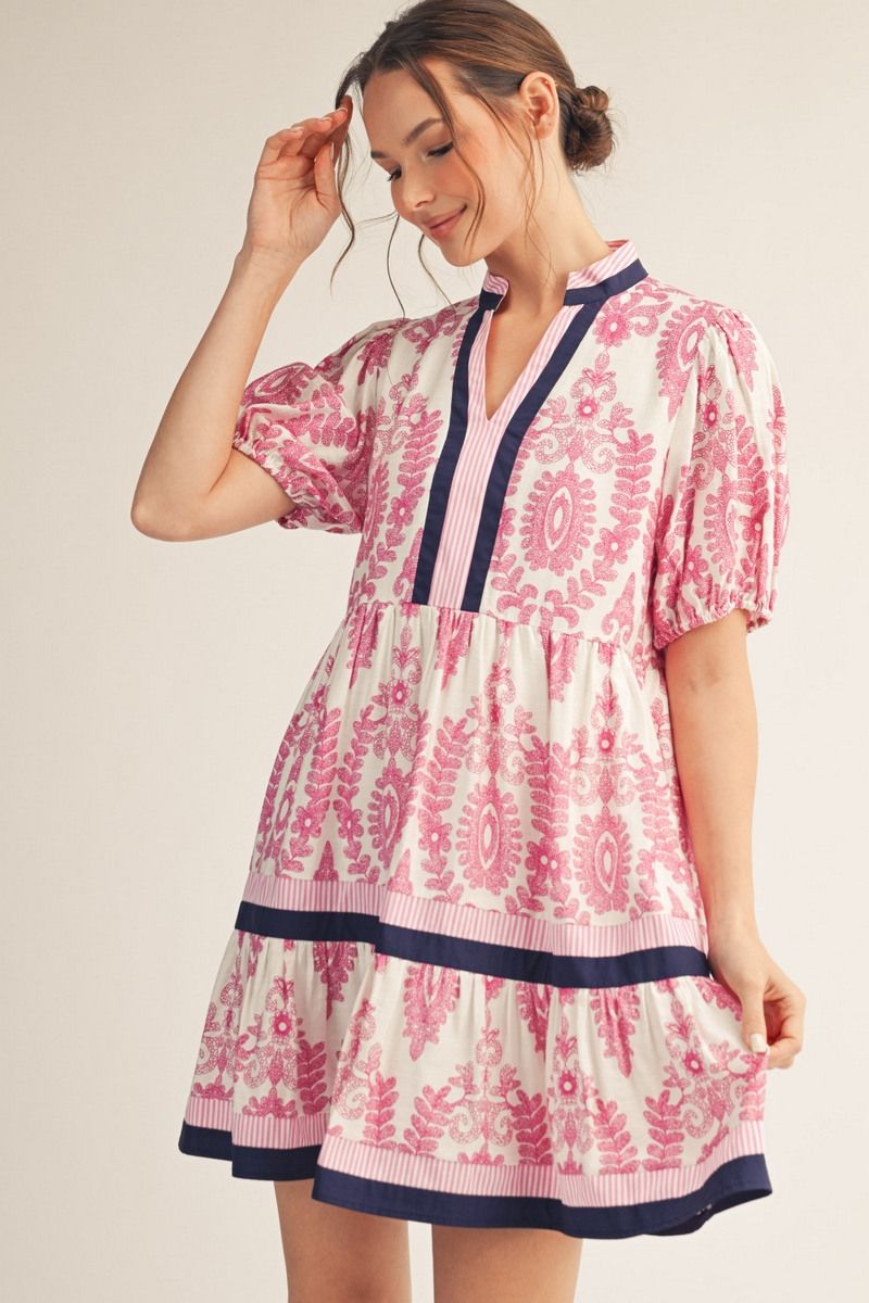 Jodifl Magenta Mix Baroque Print Tiered Dress-mini dress-Jodifl-Deja Nu Boutique, Women's Fashion Boutique in Lampasas, Texas