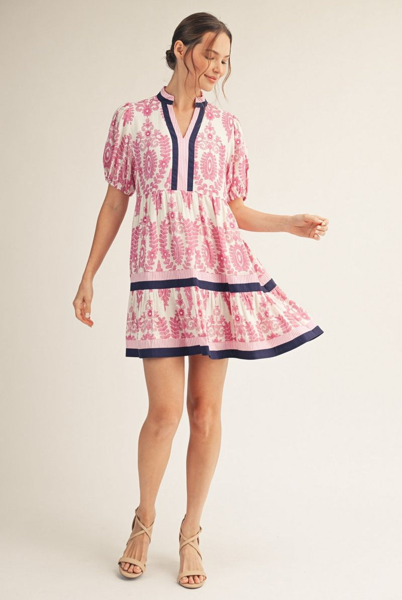 Jodifl Magenta Mix Baroque Print Tiered Dress-mini dress-Jodifl-Deja Nu Boutique, Women's Fashion Boutique in Lampasas, Texas
