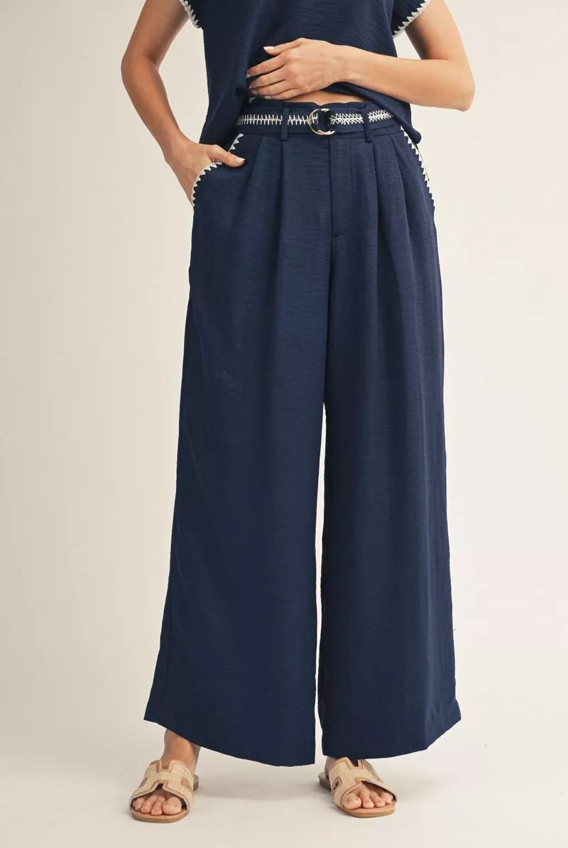 Jodifl Navy & White Belted Wide Leg Pants-Pants-Jodifl-Deja Nu Boutique, Women's Fashion Boutique in Lampasas, Texas