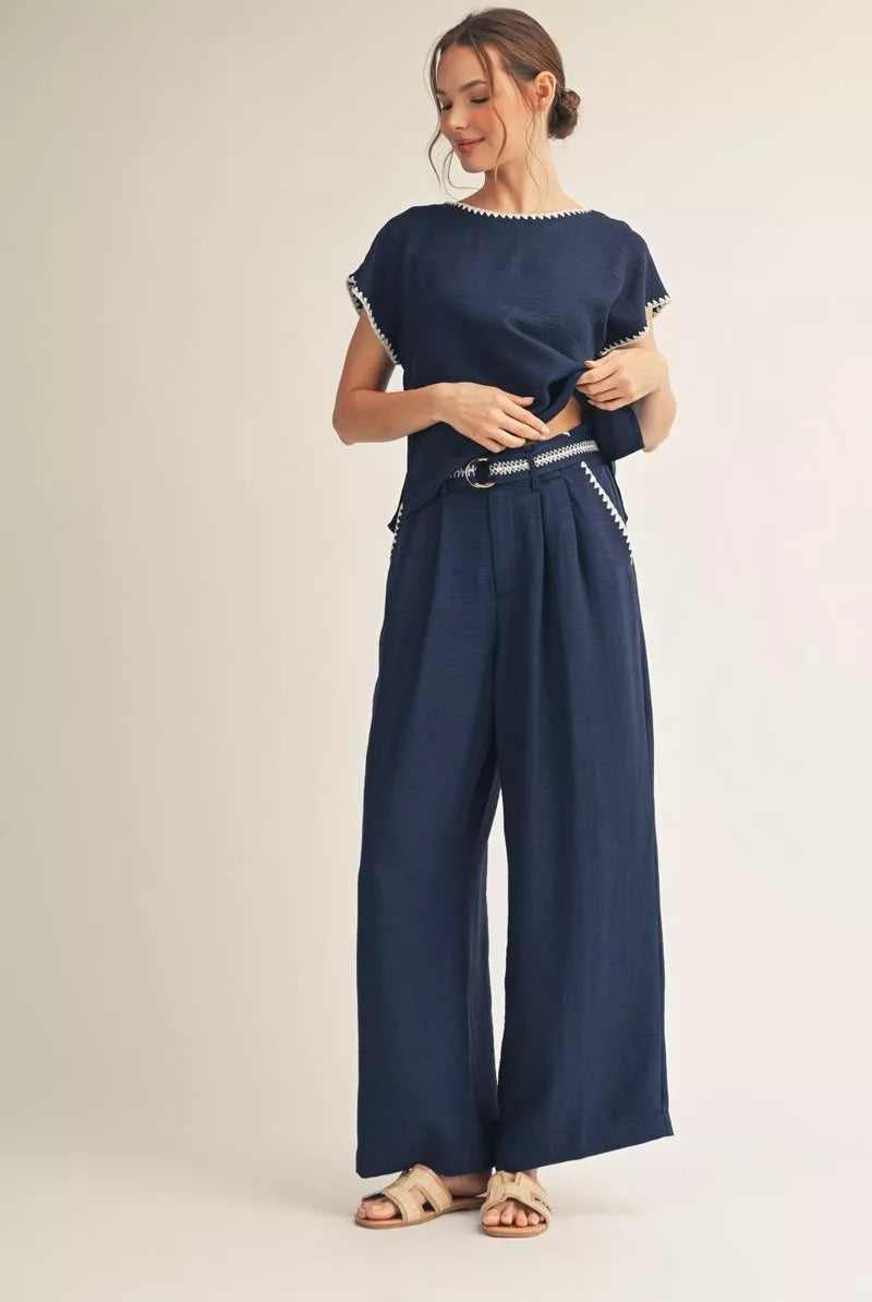 Jodifl Navy & White Belted Wide Leg Pants-Pants-Jodifl-Deja Nu Boutique, Women's Fashion Boutique in Lampasas, Texas