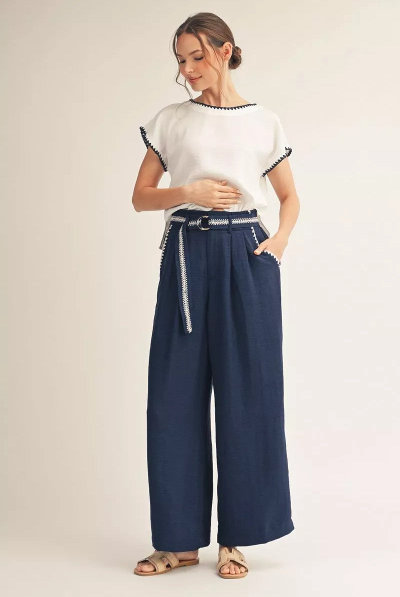 Jodifl Navy & White Belted Wide Leg Pants-Pants-Jodifl-Deja Nu Boutique, Women's Fashion Boutique in Lampasas, Texas