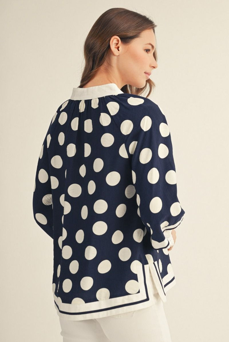 Jodifl Navy & White Polka Dot Notched Blouse-Tops-Jodifl-Deja Nu Boutique, Women's Fashion Boutique in Lampasas, Texas