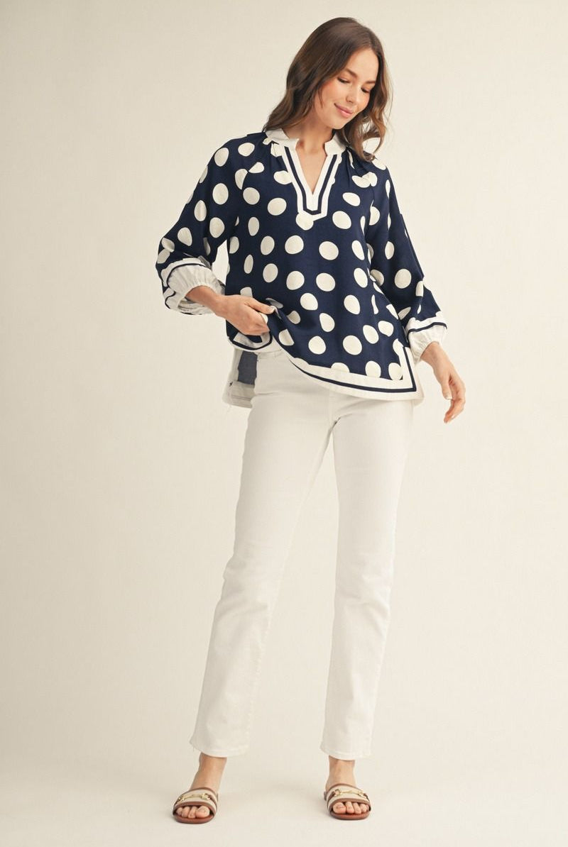 Jodifl Navy & White Polka Dot Notched Blouse-Tops-Jodifl-Deja Nu Boutique, Women's Fashion Boutique in Lampasas, Texas