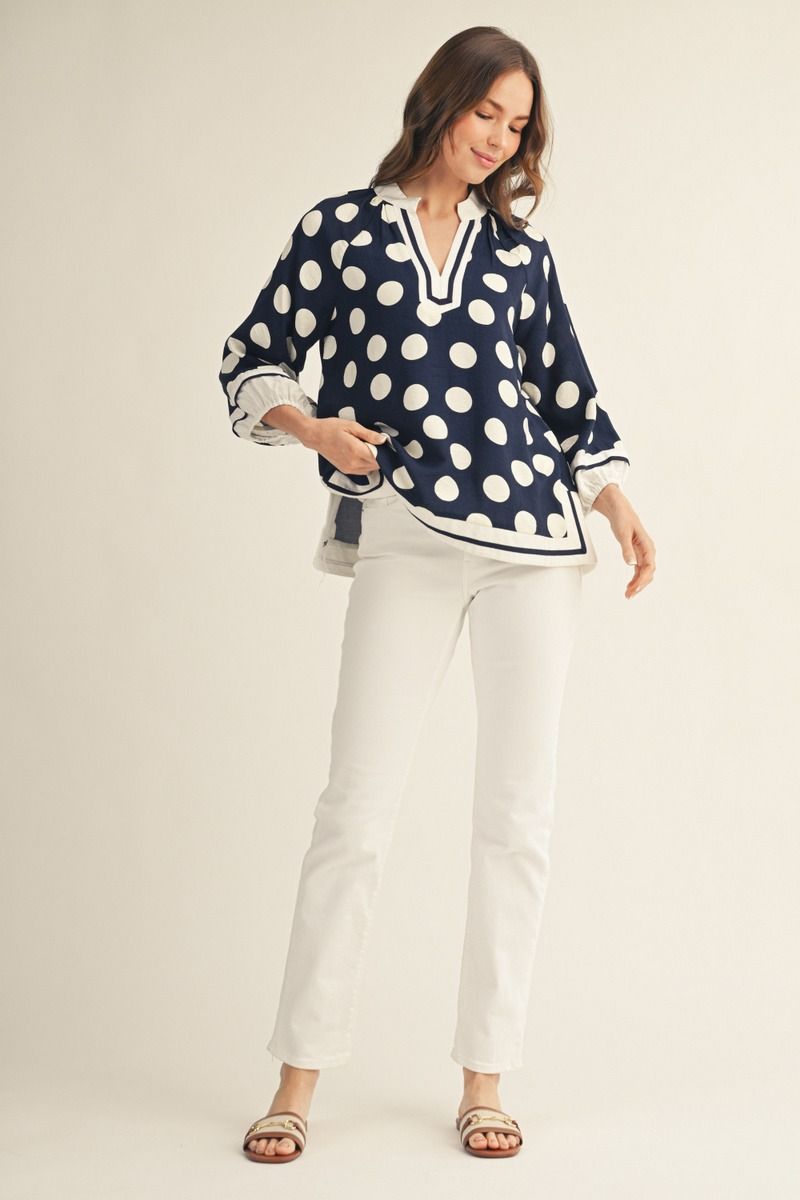 Jodifl Navy & White Polka Dot Notched Blouse-Tops-Jodifl-Deja Nu Boutique, Women's Fashion Boutique in Lampasas, Texas