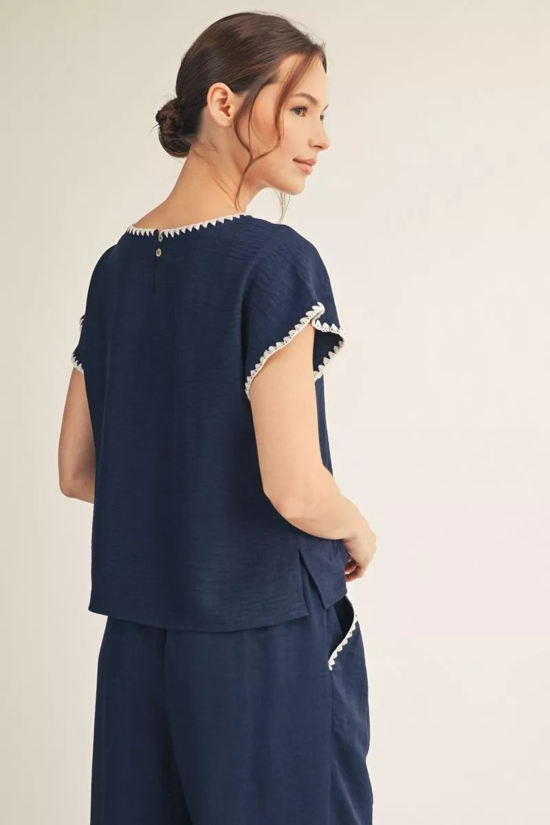 Jodifl Navy & White Scallop Trim Top-Tops-Jodifl-Deja Nu Boutique, Women's Fashion Boutique in Lampasas, Texas