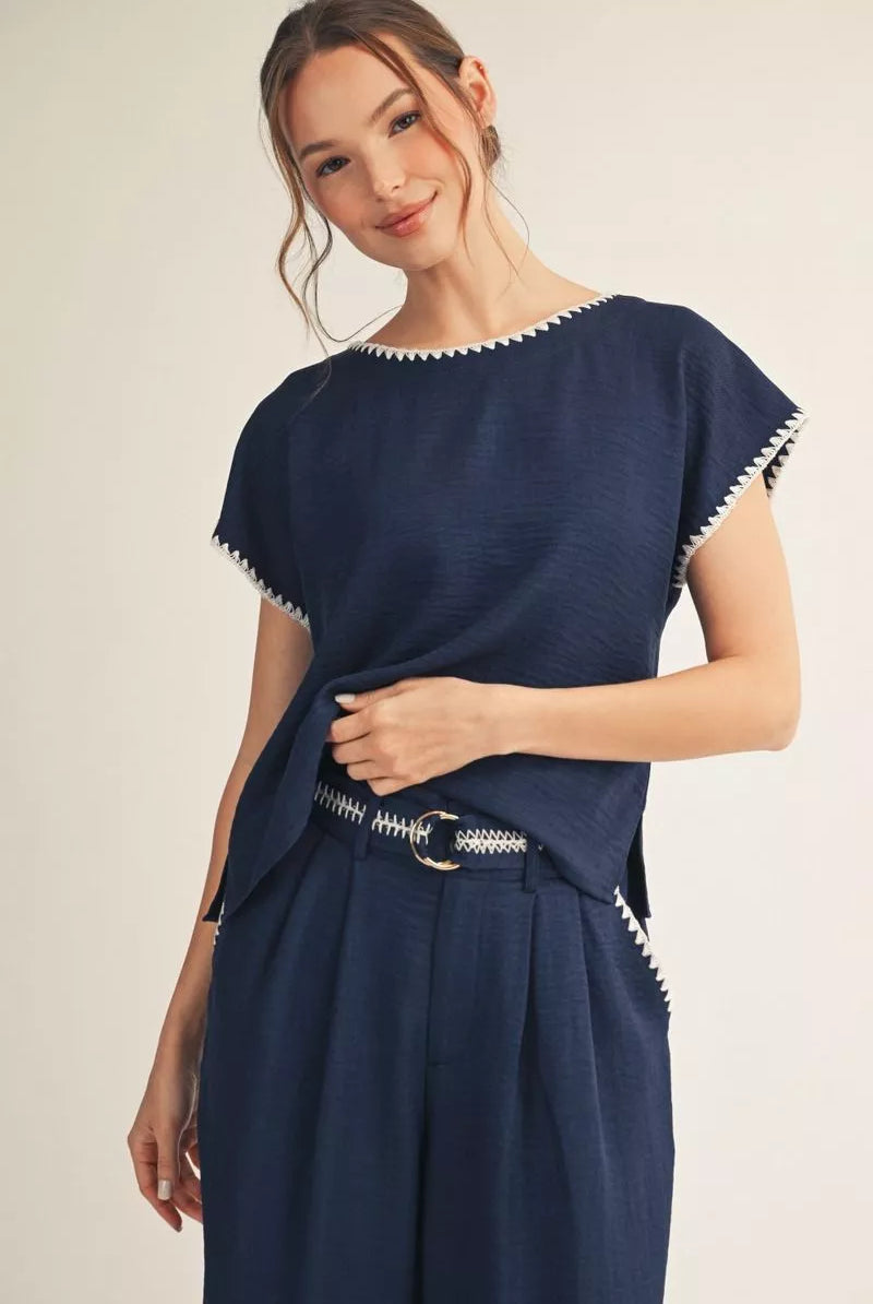 Jodifl Navy & White Scallop Trim Top-Tops-Jodifl-Deja Nu Boutique, Women's Fashion Boutique in Lampasas, Texas