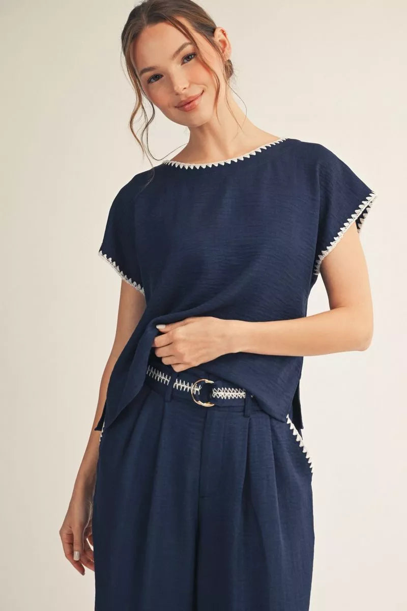 Jodifl Navy & White Scallop Trim Top-Tops-Jodifl-Deja Nu Boutique, Women's Fashion Boutique in Lampasas, Texas