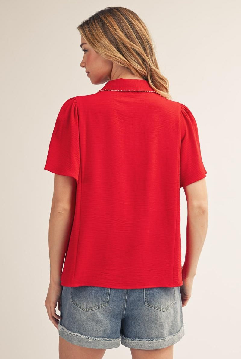Jodifl Scallop Trim Crinkle Top – Tomato Red-Tops-Jodifl-Deja Nu Boutique, Women's Fashion Boutique in Lampasas, Texas