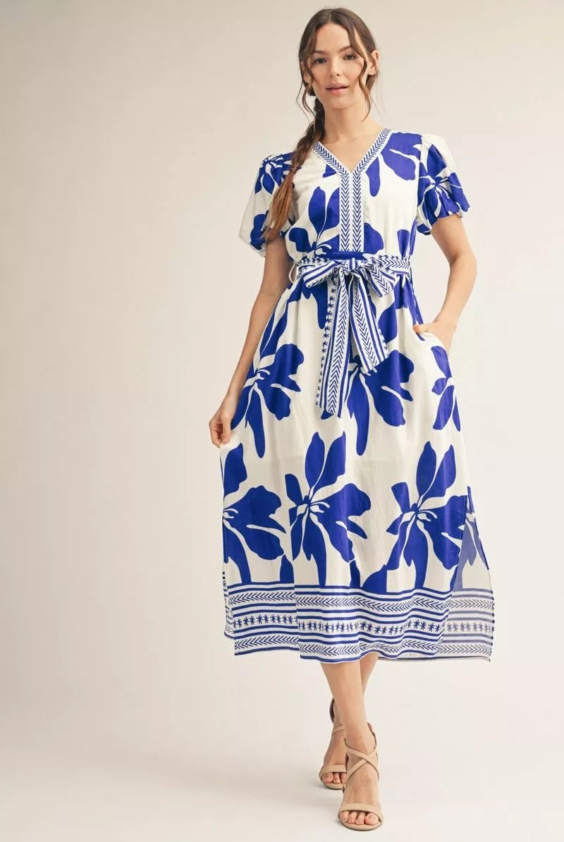 Jodifl Royal Tropical Floral Midi Dress-Midi Dresses-Jodifl-Deja Nu Boutique, Women's Fashion Boutique in Lampasas, Texas