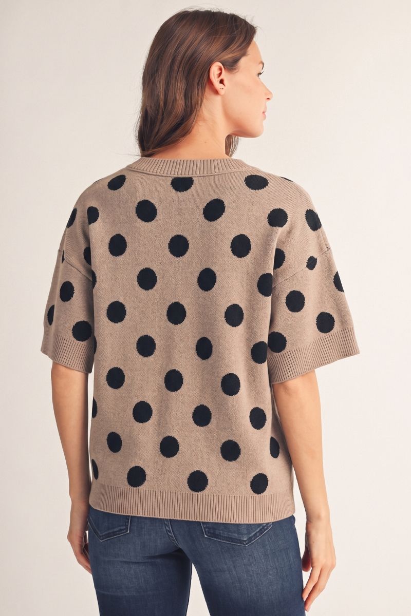 Jodifl Taupe Polka Dot Short Sleeve Sweater-Sweaters-Jodifl-Deja Nu Boutique, Women's Fashion Boutique in Lampasas, Texas