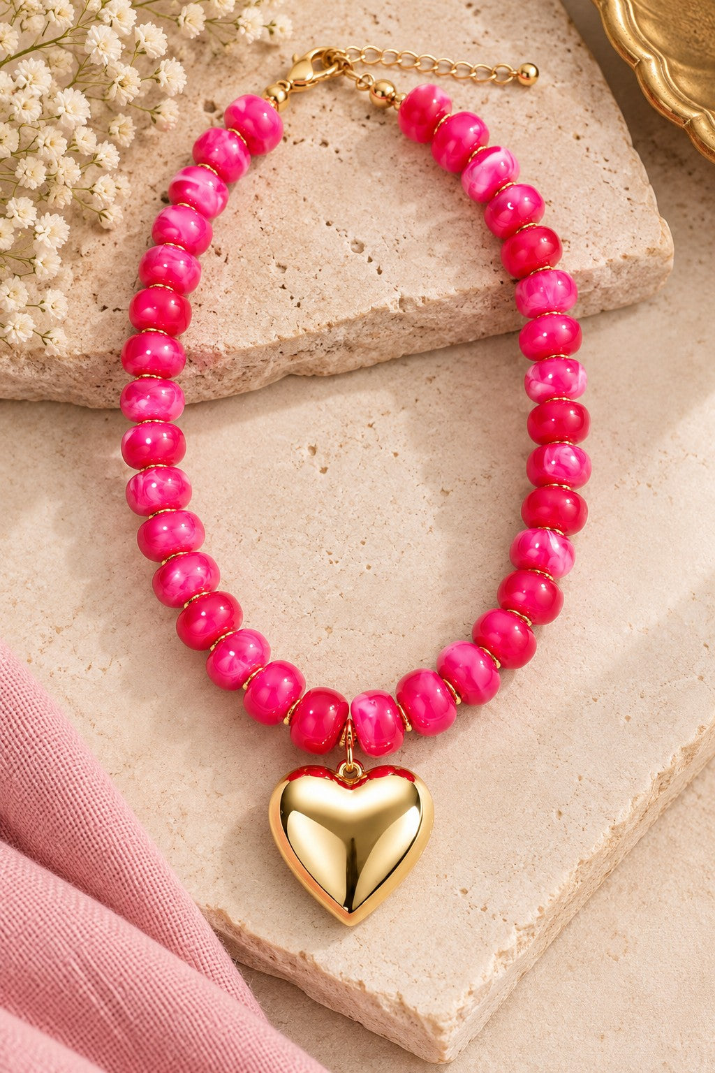 Kenze Panne Beaded Heart Necklace in Hot Pink-Necklace-Kenze Panne-Deja Nu Boutique, Women's Fashion Boutique in Lampasas, Texas