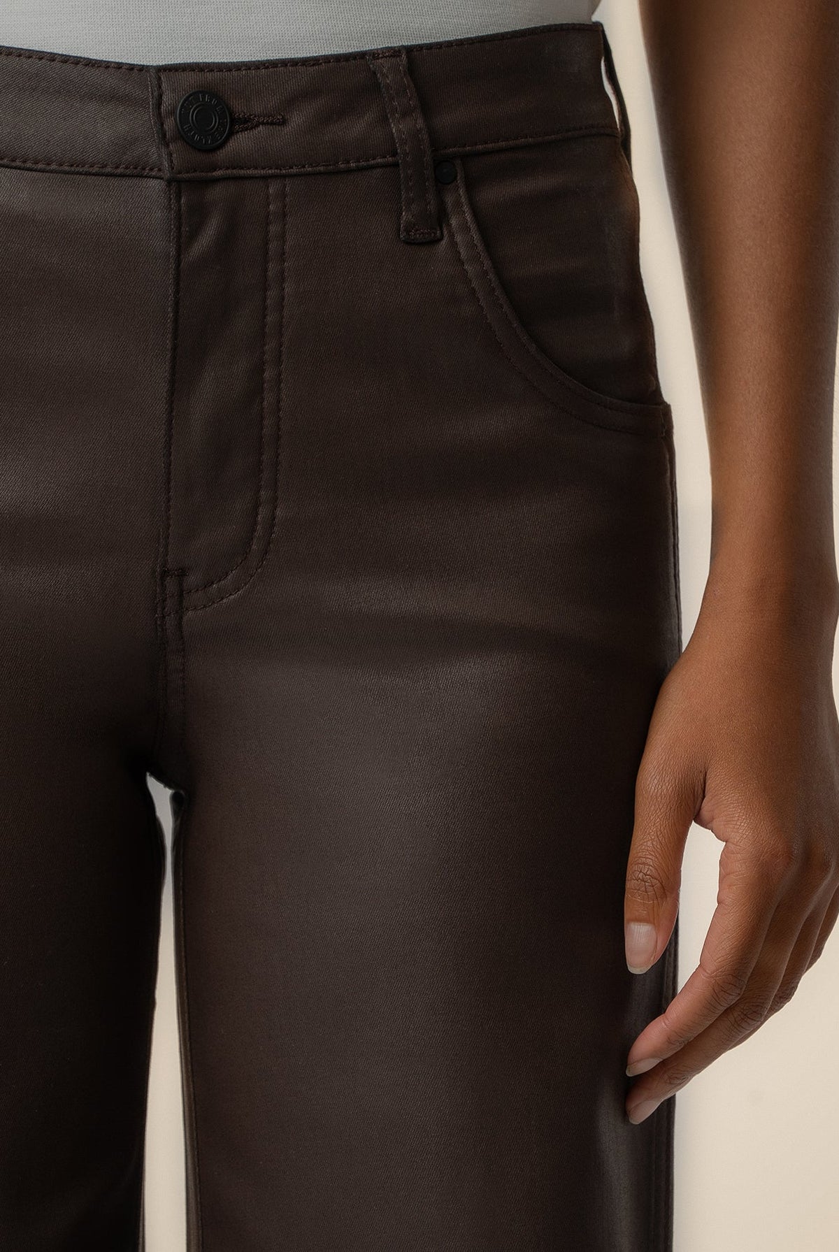 Kut from the Kloth Jodi Coated High Rise Wide Straight Leg Pants in Chocolate-Jeans-Kut from the Kloth-Deja Nu Boutique, Women's Fashion Boutique in Lampasas, Texas