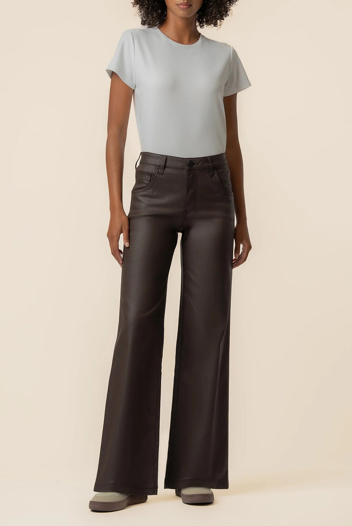 Kut from the Kloth Jodi Coated High Rise Wide Straight Leg Pants in Chocolate-Jeans-Kut from the Kloth-Deja Nu Boutique, Women's Fashion Boutique in Lampasas, Texas