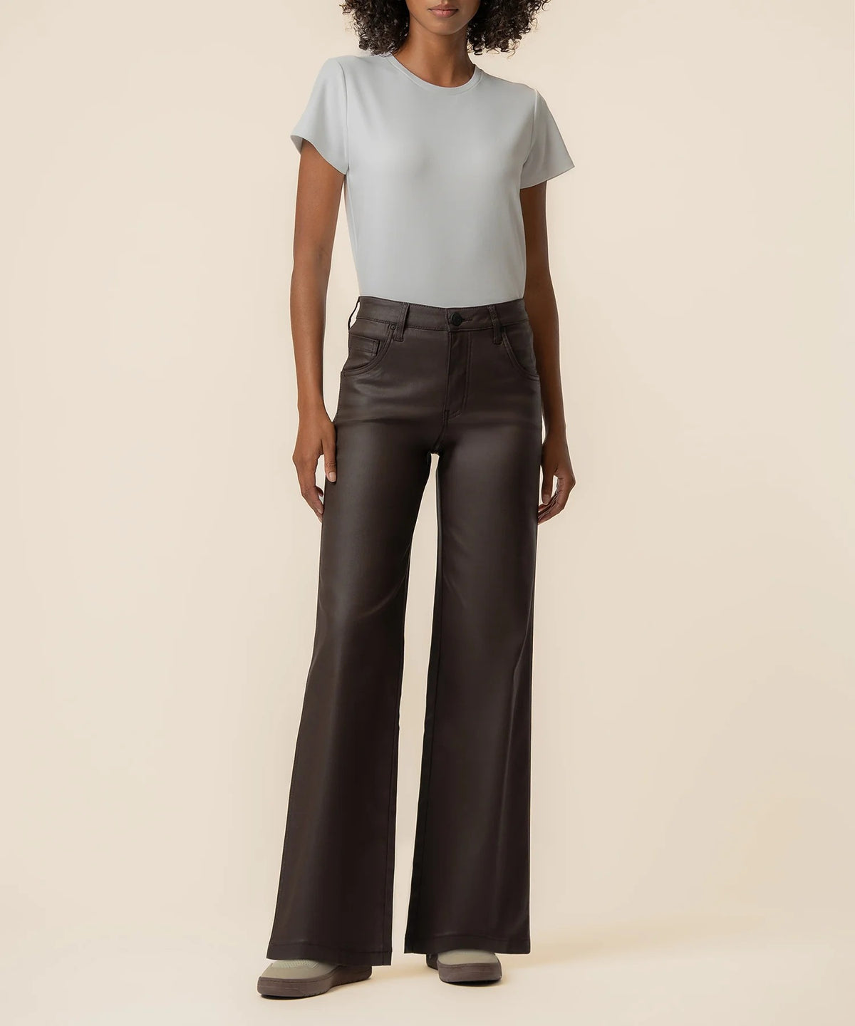 Kut from the Kloth Jodi Coated High Rise Wide Straight Leg Pants in Chocolate-Jeans-Kut from the Kloth-Deja Nu Boutique, Women's Fashion Boutique in Lampasas, Texas