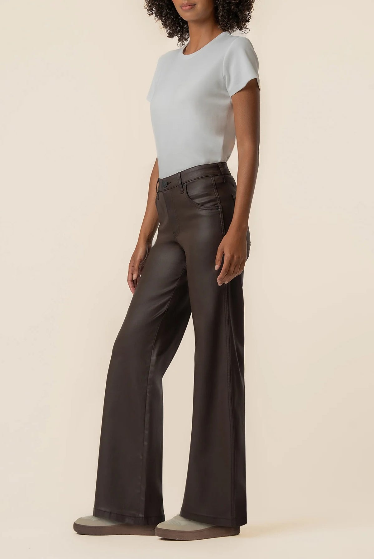 Kut from the Kloth Jodi Coated High Rise Wide Straight Leg Pants in Chocolate-Jeans-Kut from the Kloth-Deja Nu Boutique, Women's Fashion Boutique in Lampasas, Texas