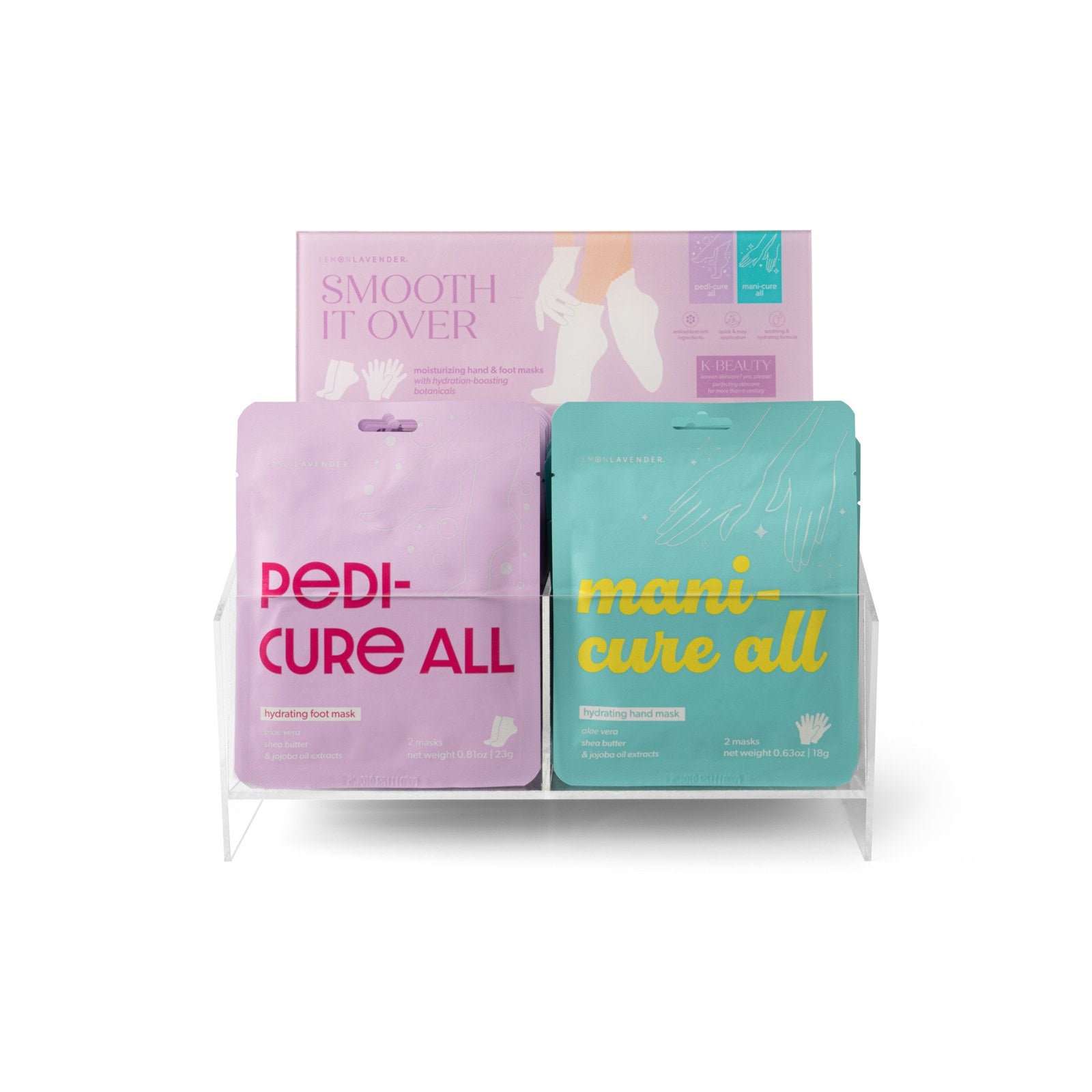 Lemon Lavender® Smooth It Over Korean skincare hand and foot mask retail display.