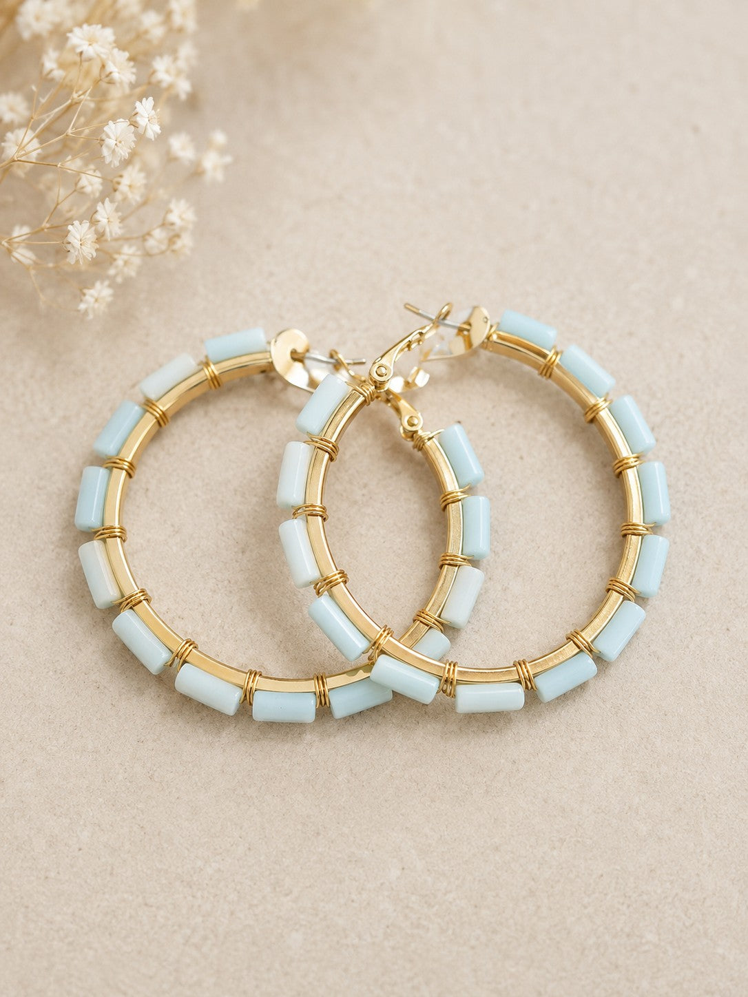 Light Blue Beaded Gold Hoop Earrings-Earrings-Deja Nu-Deja Nu Boutique, Women's Fashion Boutique in Lampasas, Texas