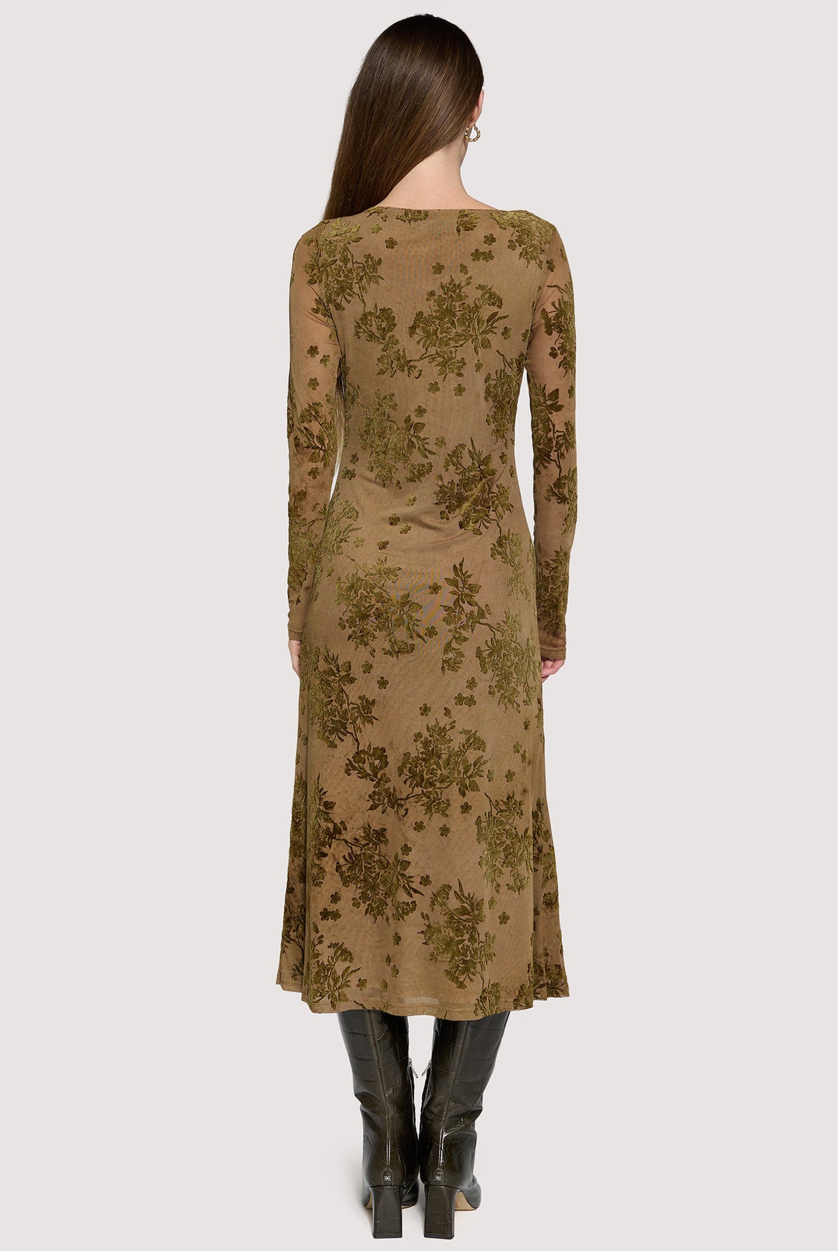 Lost + Wander Dusklight Garden Burnout Floral Mesh Midi Dress in Brown Olive-Midi Dresses-Lost + Wander-Deja Nu Boutique, Women's Fashion Boutique in Lampasas, Texas