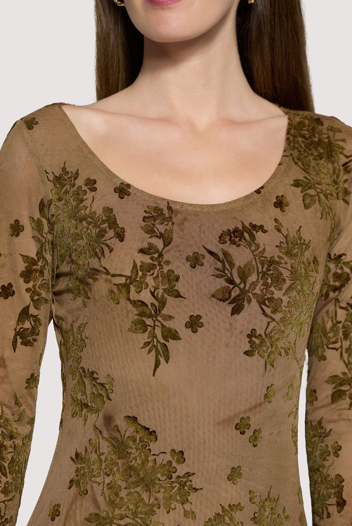 Lost + Wander Dusklight Garden Burnout Floral Mesh Midi Dress in Brown Olive-Midi Dresses-Lost + Wander-Deja Nu Boutique, Women's Fashion Boutique in Lampasas, Texas