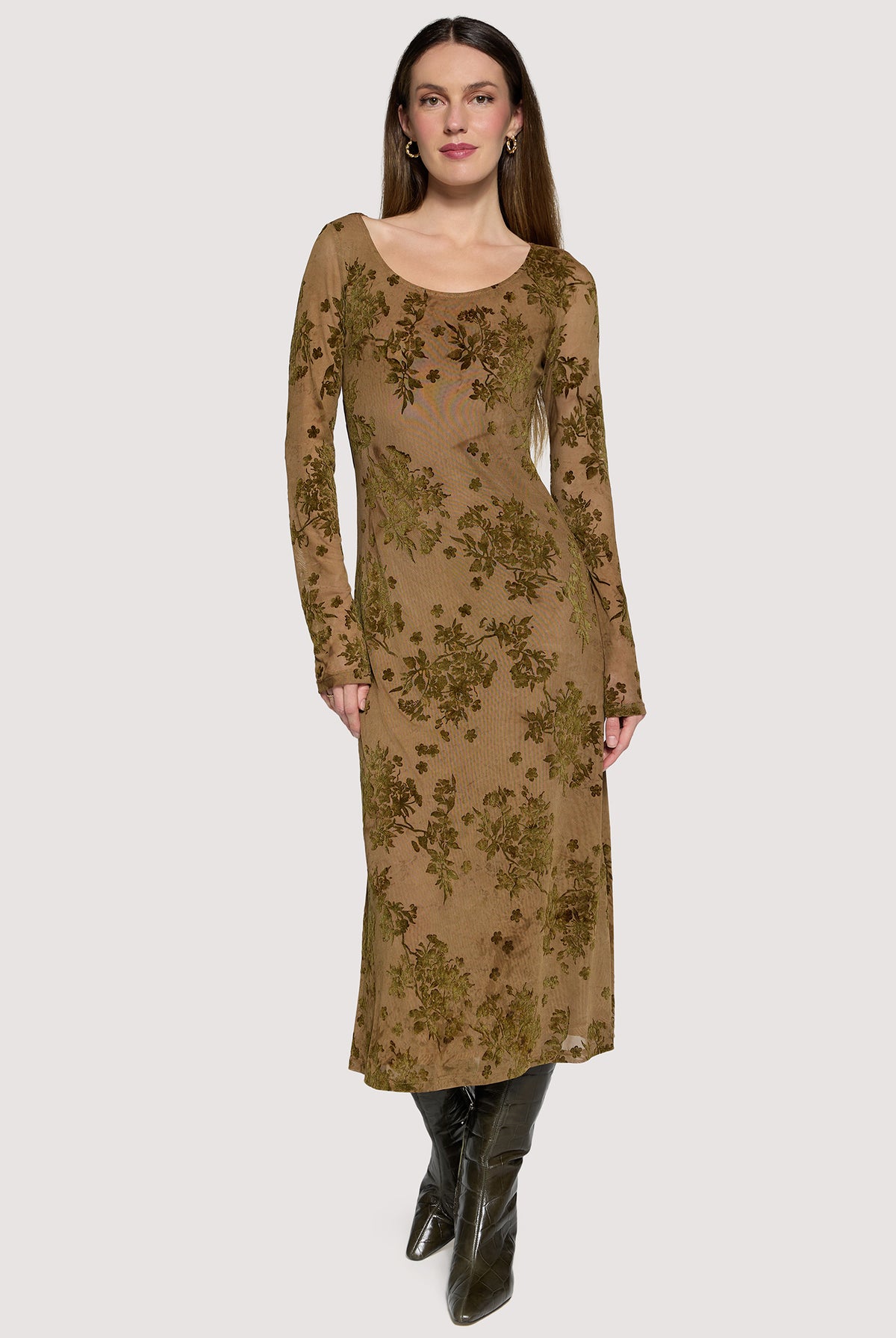 Lost + Wander Dusklight Garden Burnout Floral Mesh Midi Dress in Brown Olive-Midi Dresses-Lost + Wander-Deja Nu Boutique, Women's Fashion Boutique in Lampasas, Texas