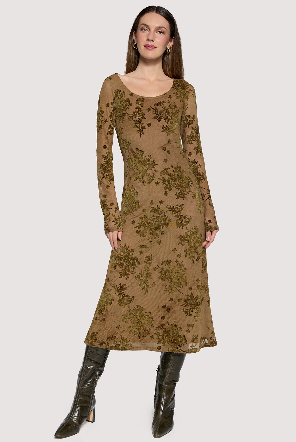 Lost + Wander Dusklight Garden Burnout Floral Mesh Midi Dress in Brown Olive-Midi Dresses-Lost + Wander-Deja Nu Boutique, Women's Fashion Boutique in Lampasas, Texas
