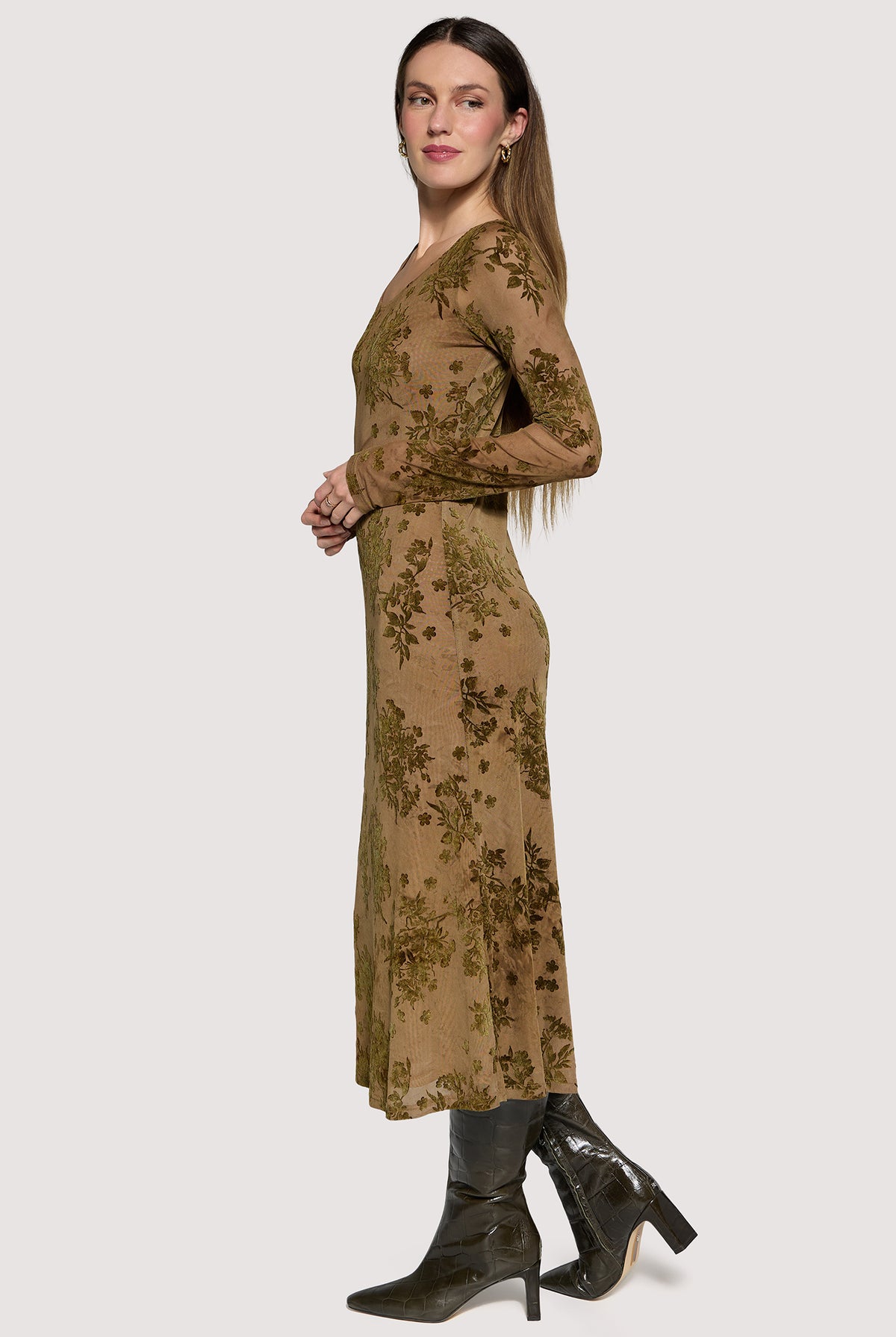 Lost + Wander Dusklight Garden Burnout Floral Mesh Midi Dress in Brown Olive-Midi Dresses-Lost + Wander-Deja Nu Boutique, Women's Fashion Boutique in Lampasas, Texas