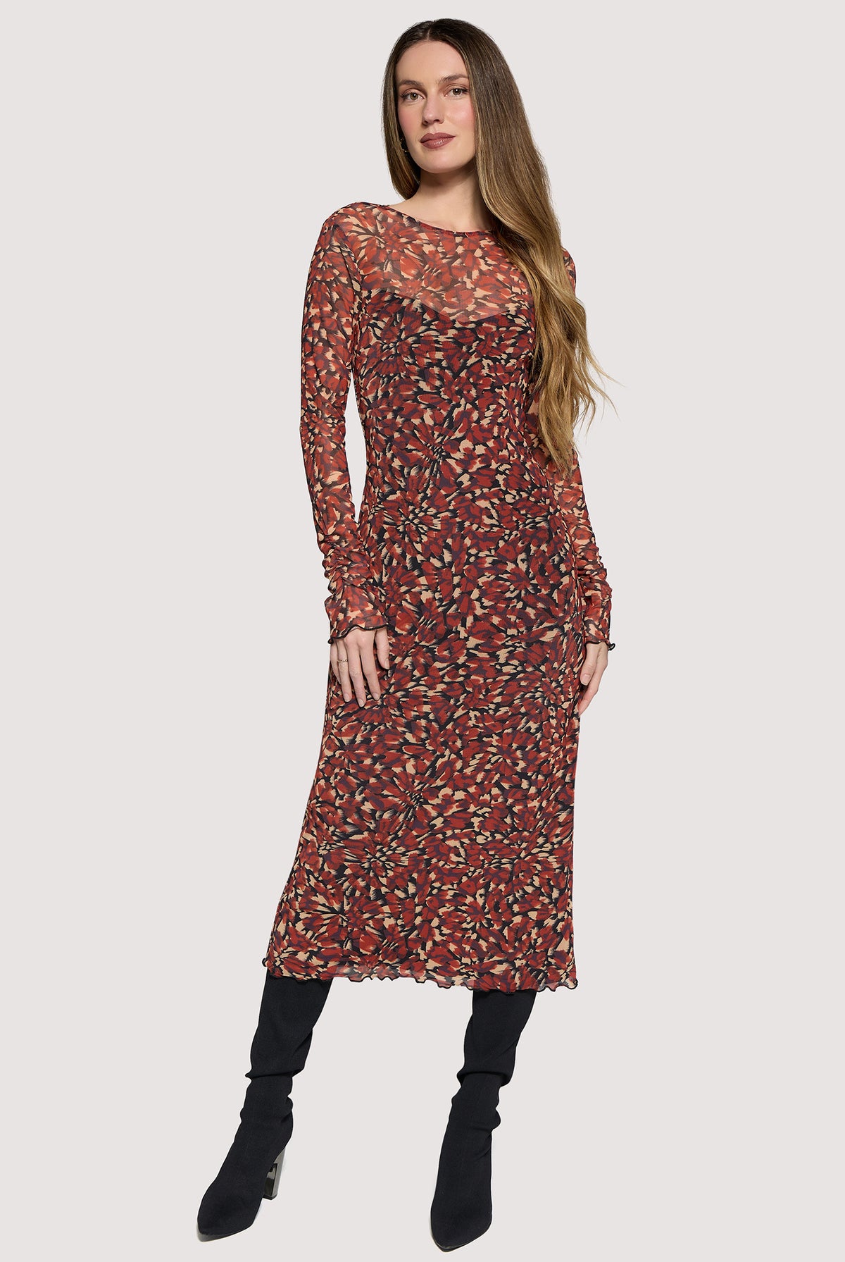 Lost + Wander Hazy Charm Floral Mesh Midi Dress in Red Black-Midi Dresses-Lost + Wander-Deja Nu Boutique, Women's Fashion Boutique in Lampasas, Texas