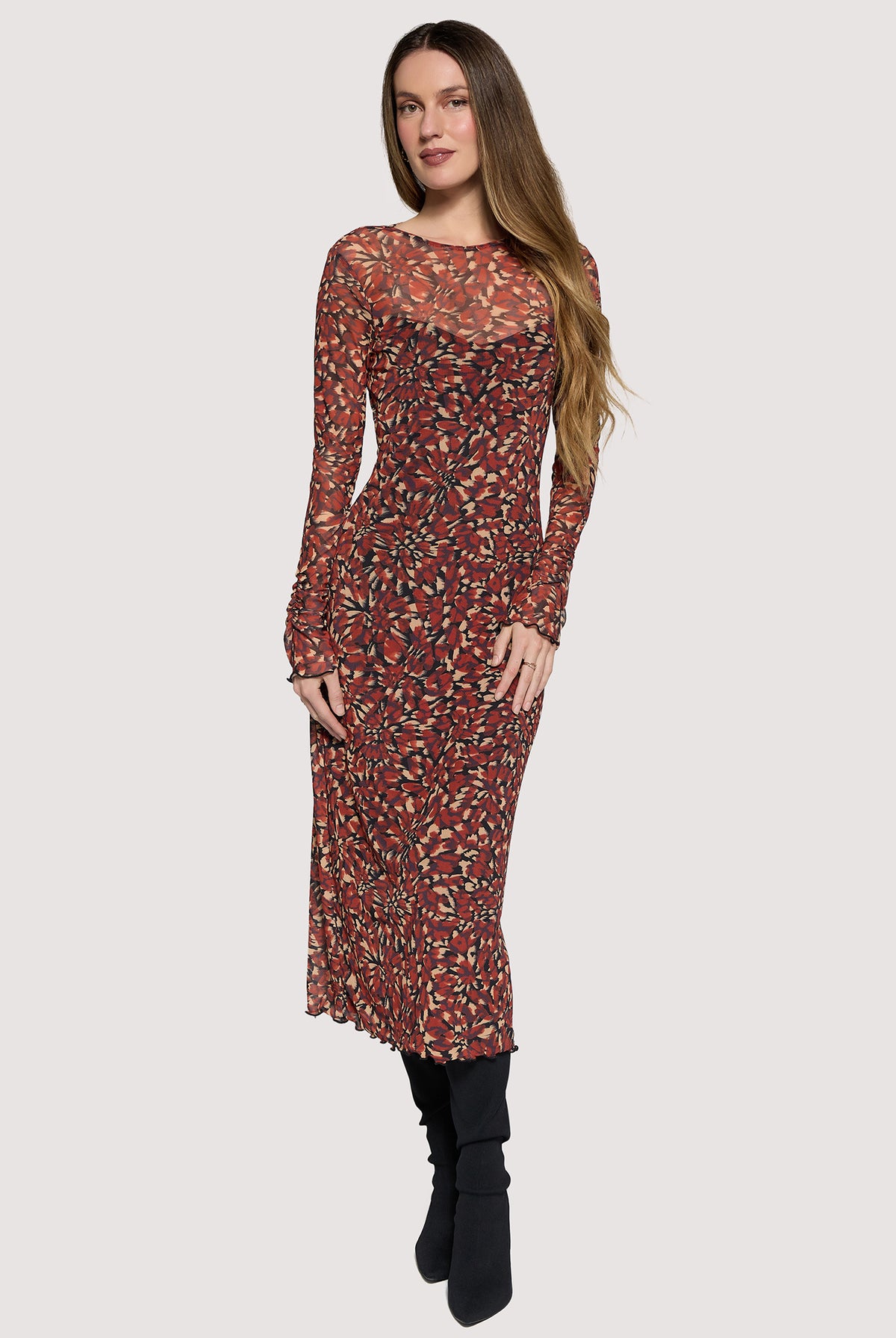 Lost + Wander Hazy Charm Floral Mesh Midi Dress in Red Black-Midi Dresses-Lost + Wander-Deja Nu Boutique, Women's Fashion Boutique in Lampasas, Texas