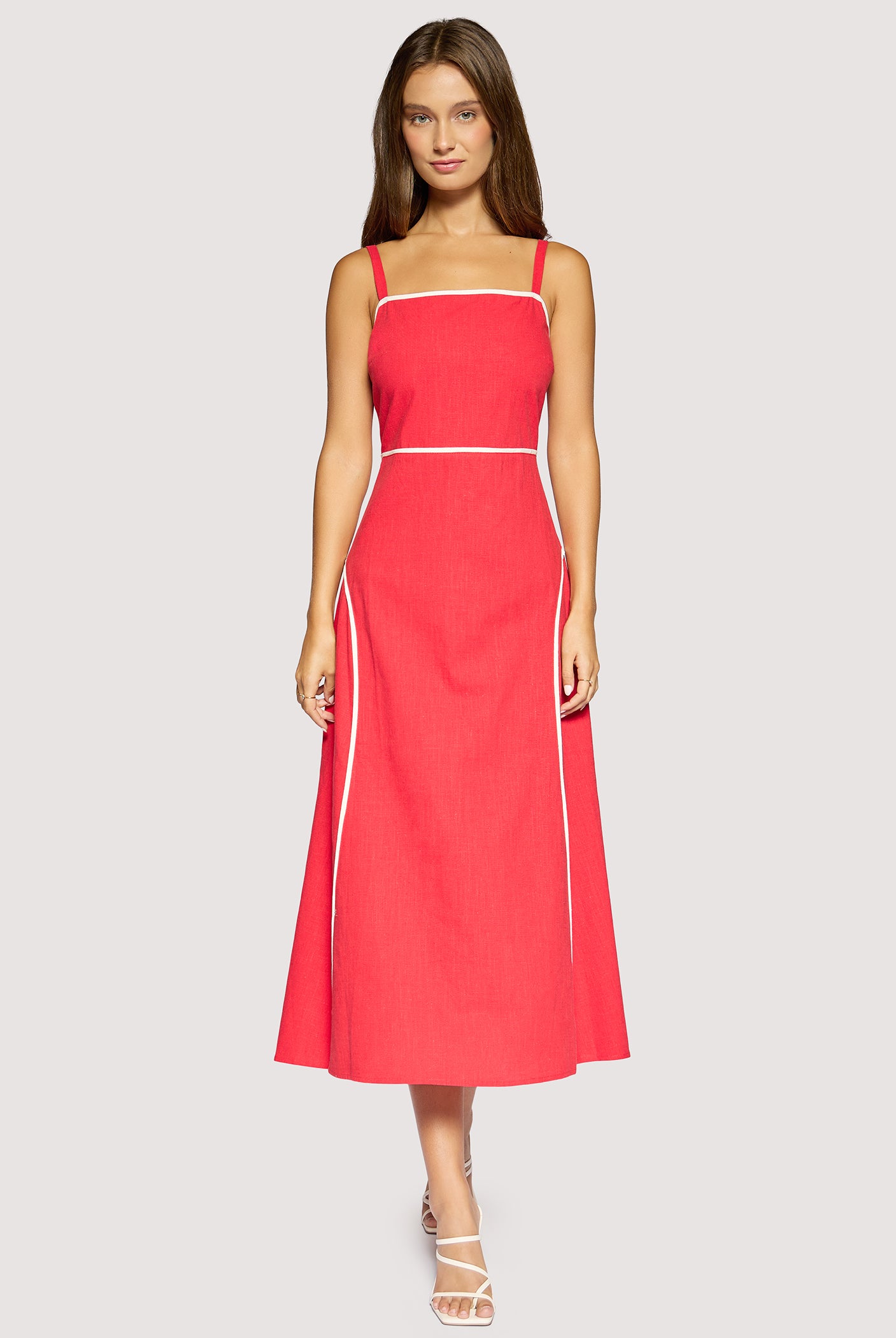 Lost + Wander Red Linen Maxi Dress with Contrast Trim | Saffron Muse Summer Midi Dress-Maxi Dresses-Lost + Wander-Deja Nu Boutique, Women's Fashion Boutique in Lampasas, Texas