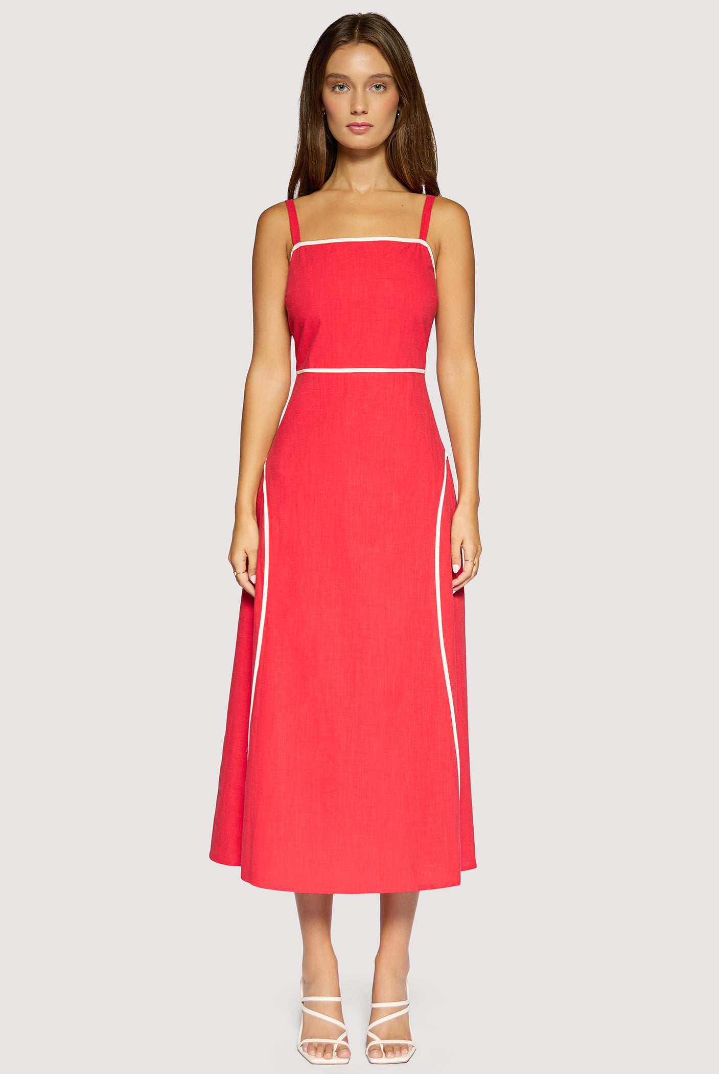 Lost + Wander Red Linen Maxi Dress with Contrast Trim | Saffron Muse Summer Midi Dress-Maxi Dresses-Lost + Wander-Deja Nu Boutique, Women's Fashion Boutique in Lampasas, Texas