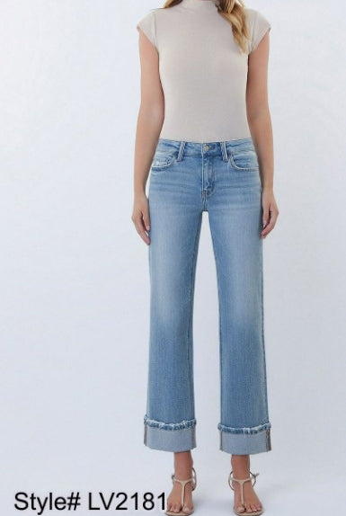 Lovervet by Vervet Mid Rise Medium Light Wash Cuffed Slim Wide Leg Jeans-Jeans-Lovervet by Vervet-Deja Nu Boutique, Women's Fashion Boutique in Lampasas, Texas