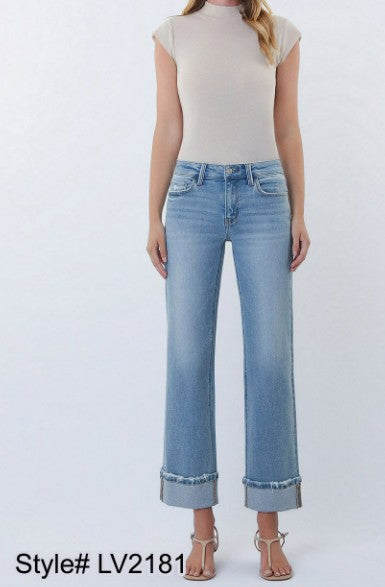 Lovervet by Vervet Mid Rise Medium Light Wash Cuffed Slim Wide Leg Jeans-Jeans-Lovervet by Vervet-Deja Nu Boutique, Women's Fashion Boutique in Lampasas, Texas