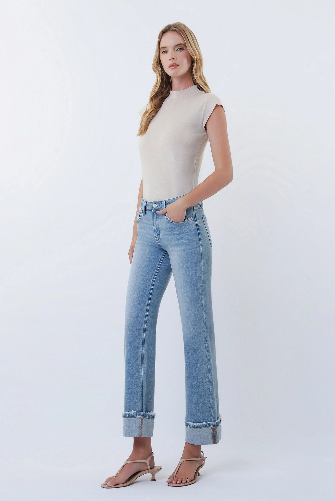 Lovervet by Vervet Mid Rise Medium Light Wash Cuffed Slim Wide Leg Jeans-Jeans-Lovervet by Vervet-Deja Nu Boutique, Women's Fashion Boutique in Lampasas, Texas