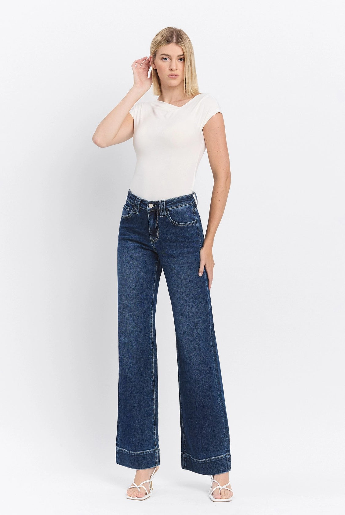Lovervet by Vervet High Rise Dark Wash Trouser Hem Wide Jeans-Jeans-Lovervet by Vervet-Deja Nu Boutique, Women's Fashion Boutique in Lampasas, Texas