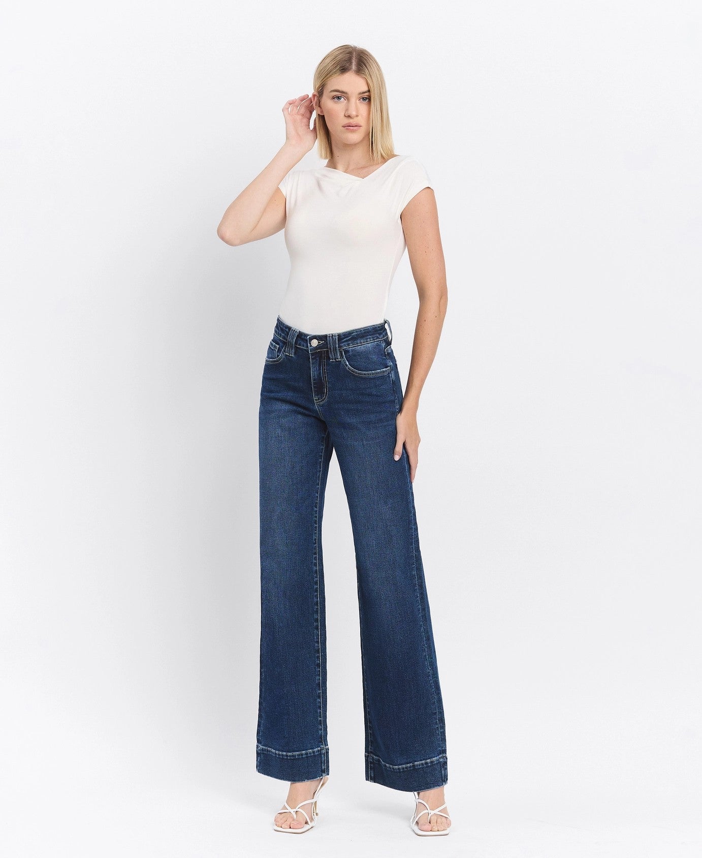 Lovervet by Vervet High Rise Dark Wash Trouser Hem Wide Jeans-Jeans-Lovervet by Vervet-Deja Nu Boutique, Women's Fashion Boutique in Lampasas, Texas