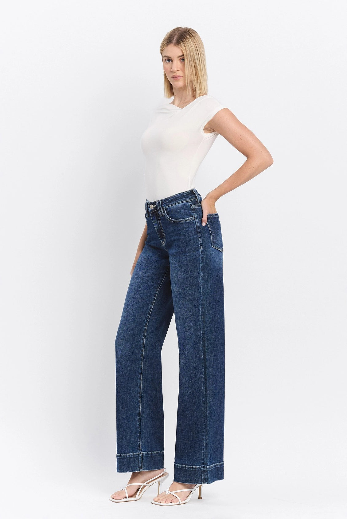 Lovervet by Vervet High Rise Dark Wash Trouser Hem Wide Jeans-Jeans-Lovervet by Vervet-Deja Nu Boutique, Women's Fashion Boutique in Lampasas, Texas